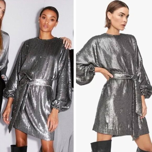 NWT Anine Bing Angie Sequin Belted Mini Dress Antique Silver Metallic Cocktail - Picture 10 of 10